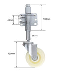 Built Tough Four Inch Spring Loaded Gate Wheel With Shock Absorbing Nylon Rollers And Six Hole Steel Bracket Handles 110 Lbs, detailed dimensions.