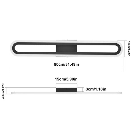 Diagram of 31.49 Inch LED Bathroom Vanity Light Matte Black With Acrylic Lens Modern Wall Mount Bath Fixture 6000K Cool White Anti Rust Finish