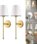Modern Wireless Wall Sconces Set Of Two with white fabric shades and gold finish, ideal for accent lighting.