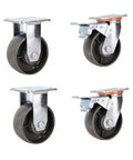 Rock Solid 4 Pack Cast Iron Caster Wheels Heavy Duty Swivel Casters For Workbench Furniture Trolley Garage 5.25 Inch thick rollers close-up view.