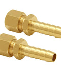 Front view: two brass fuel line adapters with 3/8 inch compression to 3/8 inch hose barb for transmission cooler lines