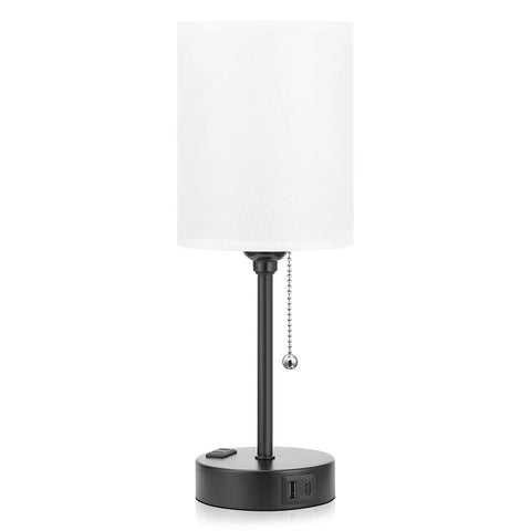 Bedside Table Lamp With 3 Color Temperatures And USB C And USB A Ports, Pull Chain, Built In AC Outlet, White Shade, Black Metal Base
