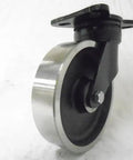 Badass Kingpinless Swivel Caster With Eight Inch Drop Forged Steel Wheel Three Thousand Pound Capacity, side view of steel wheel and mount.