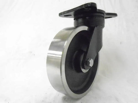 Badass Kingpinless Swivel Caster With Eight Inch Drop Forged Steel Wheel Three Thousand Pound Capacity, side view of steel wheel and mount.