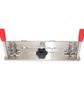 Pro Grade Knife Sharpening Jig For Belt Grinders And Sander, stainless steel sharpening locator with red dual arm grips.