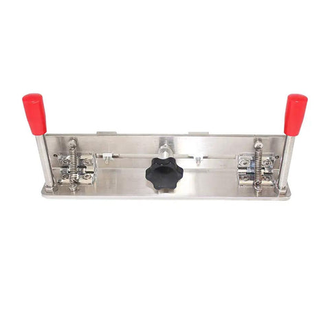 Pro Grade Knife Sharpening Jig For Belt Grinders And Sander, stainless steel sharpening locator with red dual arm grips.