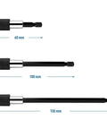 Three Piece Magnetic Quick Release Bar Socket Screwdriver Bit Holder Set With One Quarter Inch Hex Shank Magnetic Extension Chuck Adapters 60mm 100mm 150mm