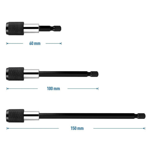 Three Piece Magnetic Quick Release Bar Socket Screwdriver Bit Holder Set With One Quarter Inch Hex Shank Magnetic Extension Chuck Adapters 60mm 100mm 150mm