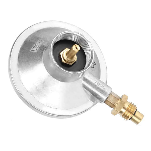 Close-up of Low Pressure Gas Regulator with Adjustable Valve for BBQ Grills Patio Heaters Fire Pits and Outdoor Cooking 1 Inch 20UNF Zinc Alloy Build Durable LP Regulator for Camping and More showing 3/8 inch female connection.