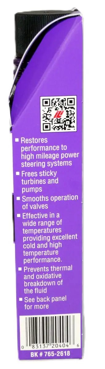 Side view of a bottle labeled 'Silent Steering Fix For Your Ride' with details on restoring power steering performance.