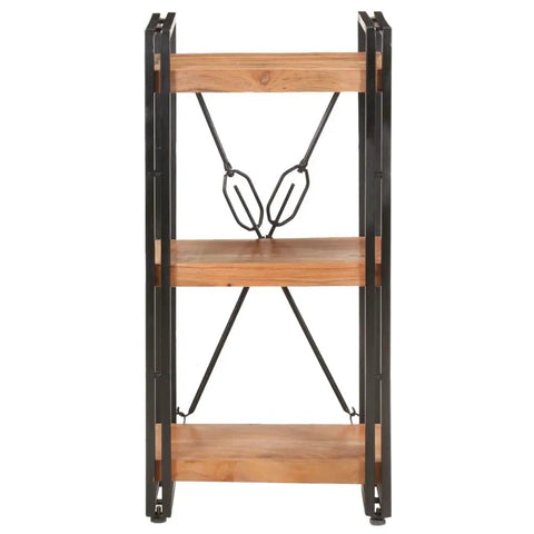 3 Tier Industrial Bookcase With Solid Acacia Wood And Black Steel Frame For Small Spaces, Rustic Modern Display Shelf side view
