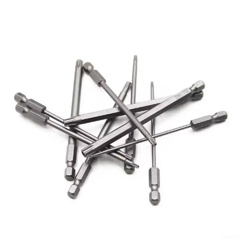 Premium 11 Piece Steel Torx Screwdriver Bit Set With Strong Magnetic Tips For T6 T7 Through T40 Sizes Perfect Heavy Duty Hand Tool Kit For Home Repairs And Auto Fixes Featuring High Hardness Long Lasting Performance. Steel Torx bits laid out on white background