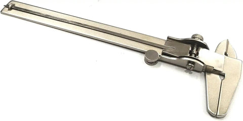 VMRG Non-Digital Vernier Caliper | Metric & Imperial Measuring Tool | Precision Manual Caliper for Inside, Outside, Depth & Step Measurements | Steel Plated Body side view showing measurement jaws.