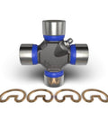 Beefed Up U Joint Kit 1310 Series OSR Outside Snap Ring Greaseable Universal Joint For Automotive Use 1.062 Inch Bearing Cap 3.219 Inch Cap To Cap Replacement For Cars And Trucks shown with blue seals and snap rings
