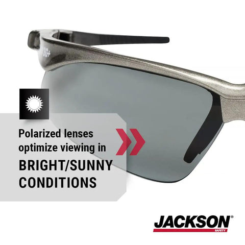 Heavy Duty Safety Glasses With Hard Coated Anti Scratch Polarized Lenses For Crisp Vision And Slip On Fit Ansi Z87 Certified Eye Protection That Handles The Daily Grind Pack Of 12 For Work Sites close-up view focusing on polarized smoke lens suitable for bright conditions.