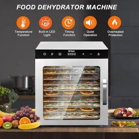 Heavy Duty No Nonsense 10 Layer Food Dehydrator And Compact Freeze Dryer With Adjustable Heat And Timed Cycling For Jerky Fruits Vegetables Meat Stainless Steel Kitchen Workhorse with multiple trays and LED display.
