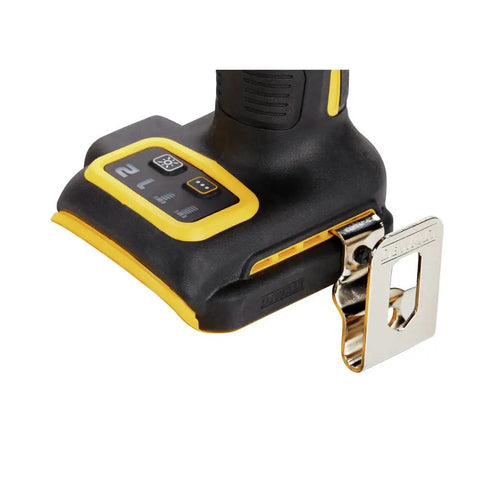 Close-up of Premium 20 Volt Cordless Impact Wrench with adjustable speed buttons and belt clip for mechanics and garage work.