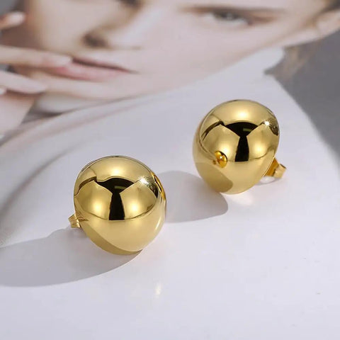 Half Ball Stud Earrings for Women, Gold Tone 20mm Round Ball Jewelry, close-up of gold-plated stainless steel studs