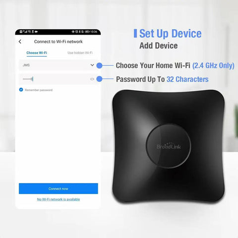 IR and RF Universal Remote Hub With WiFi Code Learning setup screen next to black remote hub device