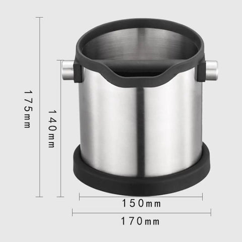 Top Notch Stainless Steel Espresso Knock Box With Removable Base And Slick Finish Heavy Duty Grounds Container dimensions 175mm height, 150mm diameter.