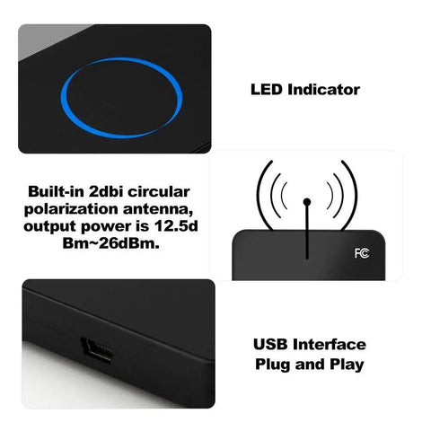UHF RFID Reader USB Desktop 915MHz Non Contact Card Writer with LED indicator and USB interface, multi-protocol compatibility.