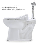 Knockout Comfort And Built Like A Tank Commercial Bidet Toilet Seat With Heated Cushion and Warm Air Dryer Featuring Open Front Lidless Design Side Control Arm And Self Cleaning Stainless Steel Nozzle For Hotels And Offices In White, showing quick-release seat for easy cleaning.