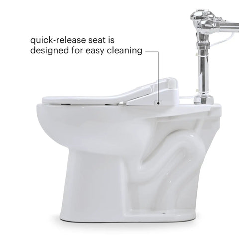 Knockout Comfort And Built Like A Tank Commercial Bidet Toilet Seat With Heated Cushion and Warm Air Dryer Featuring Open Front Lidless Design Side Control Arm And Self Cleaning Stainless Steel Nozzle For Hotels And Offices In White, showing quick-release seat for easy cleaning.