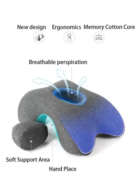 Memory Foam Wedge Desk Pillow For Napping And Travel Neck Support With Washable Velvet Cover, grey with blue accents