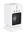 Highly Portable Evaporative Cooler With Three Speed Mist Fan And Swivel Nozzle For Desk Dorm Office And Travel, white portable unit with controls.