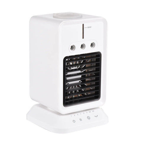 Highly Portable Evaporative Cooler With Three Speed Mist Fan And Swivel Nozzle For Desk Dorm Office And Travel, white portable unit with controls.