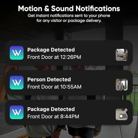 Notifications from Wireless Duo Cam Video Doorbell With Chime Included, showing package and person detection times.