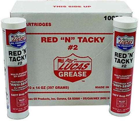 Lucas Oil Red N Tacky #2 grease cartridges, two tubes, in a 10-pack box