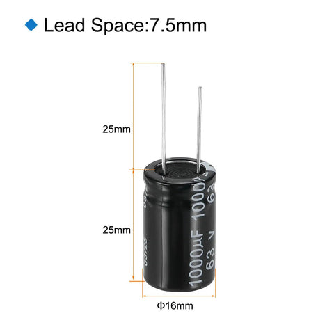 Heavy Duty 1000uF 63V Electrolytic Capacitor 16x25mm showing radial leads and measurements for TV VCD LCD Monitor Speaker