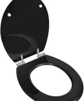 Dual Pack Toilet Seat Set Featuring Silent Soft Close Lids And Sturdy Mdf Build With Smooth Glide Mechanics And Matte Black Hardware, open view.