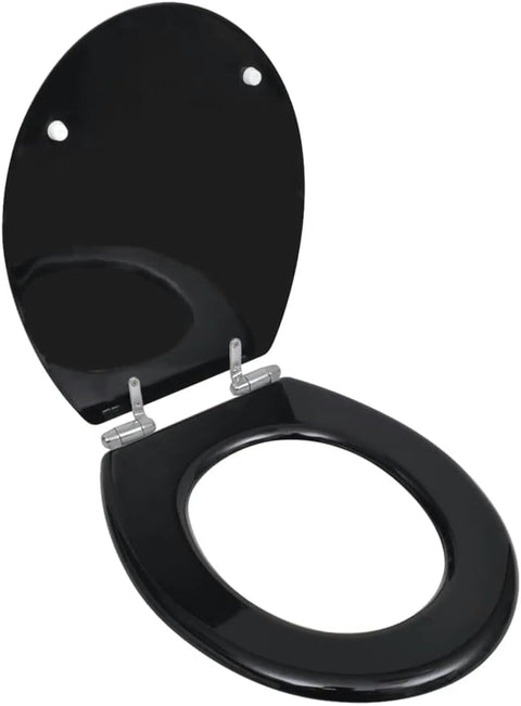 Dual Pack Toilet Seat Set Featuring Silent Soft Close Lids And Sturdy Mdf Build With Smooth Glide Mechanics And Matte Black Hardware, open view.