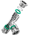 Exploded view of Rock Solid 304 Stainless Steel Pneumatic Air Hose Fittings Snappy Quick Release Coupling with green seals.