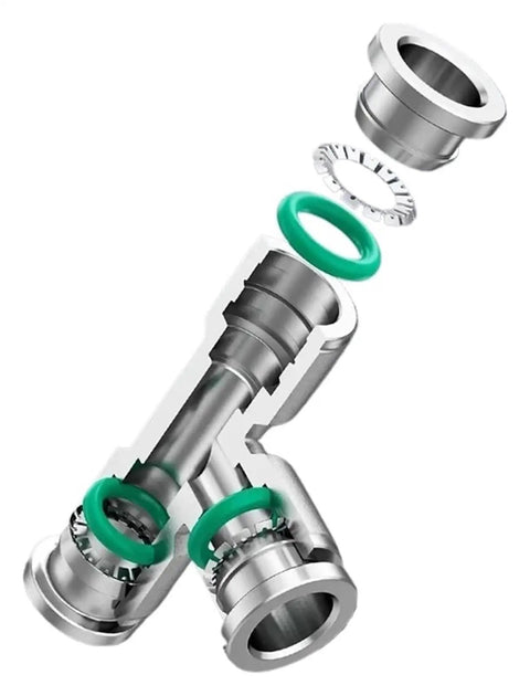 Exploded view of Rock Solid 304 Stainless Steel Pneumatic Air Hose Fittings Snappy Quick Release Coupling with green seals.