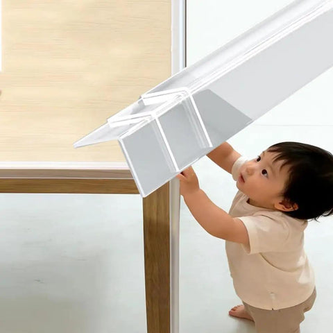 Clear Wall Corner Protector L Shaped Self Adhesive Edge Guard on table, kid-safe and scratch-resistant
