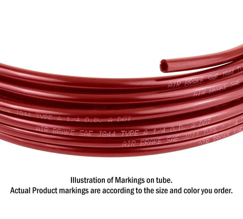 Close-up of red 3/8 Inch SAE J844 Nylon Air Brake Tubing 100 Feet, showing DOT markings for auto and truck brake systems.