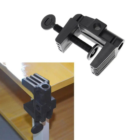 Heavy Duty Desk Lamp Swing Arm Clamp Set Of Three Non Marring Plastic Bracket Holder mounted on a wooden table.