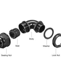 Exploded view of M32 90 Degree Cable Gland With IP68 Waterproof Nylon Joint And Adjustable Locknut For 15mm To 22mm Cable Diameters