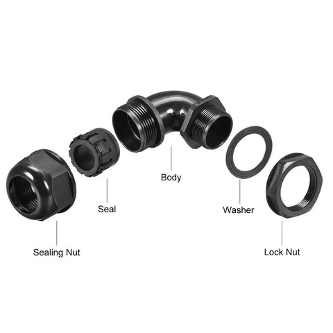 Exploded view of M32 90 Degree Cable Gland With IP68 Waterproof Nylon Joint And Adjustable Locknut For 15mm To 22mm Cable Diameters