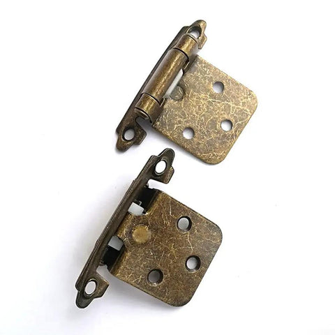 Ten Pack Overlay Cabinet Hinges Self Closing For Kitchen Cupboards And Furniture Doors Flush Mount With Silicon Bumpers And Hardware Screws Quiet Soft Close 7x4x3 Cm Green Bronze showing two green bronze hinges.