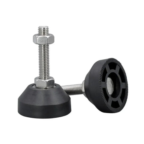 Top Shelf Adjustable Furniture Levelers With Swivel Glide Caps. M8 and M10 threaded metal with rubber caps for stability.