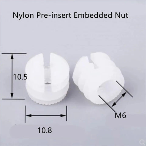 Heavy Duty M6 Nylon Pre-Insert Nut Barrels For Cabinets And Cupboards 200Pcs shown with dimensions and detailed view