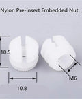 Close-up of 200 Pcs M6 Nylon Pre Insert Embedded Nut Barrel Hinges with measurements, ideal for cabinet assembly.