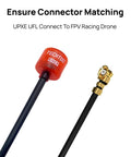 Beefy Long Range RHCP FPV Antenna For 5.8GHz Drones, 150mm IPEX UFL Connector, 2.5 dBi Gain, red radome and connector view