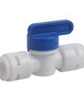 5 Piece 3/8 Inch Quick Connect Shut Off Ball Valve Push Fit Polypropylene Connector For Water Filter Lines with blue handle and white body.