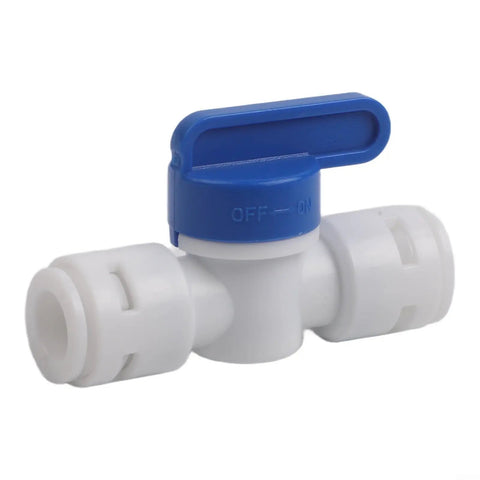 5 Piece 3/8 Inch Quick Connect Shut Off Ball Valve Push Fit Polypropylene Connector For Water Filter Lines with blue handle and white body.