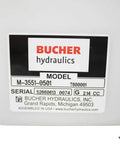 Close-up of Bucher Hydraulics label on Beefy Double Acting Hydraulic Pump Assembly With Power Up And Power Down, 3200 PSI Max, 2 GPM